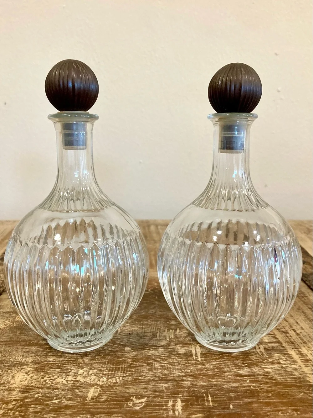 2 Vintage Ribbed Glass Decanters Vanity Bottles with Round Plastic Lids JPI NYC